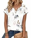 PLOKNRD T-Shirt Damen Sommer V Ausschnitt - Locker Bluse Oberteile Top Damen Leicht und Luftig mit Flügelärmeln Weiße Blumen L