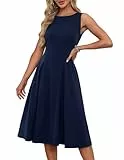 Damen Elegante A-Linie Slim Fit Cocktailkleid 1950er Vintage Retro Midi Kleider Ärmelloses Rockabilly Kleider mit Taschen Dunkelblau M
