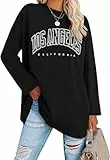 Ebifin Oversize Langarmshirt Damen Longshirt Rundhalsausschnitt Los Angeles Oberteil Langarm T Shirts Pullover Basic Tunika Tee Tops.Schwarz.XL
