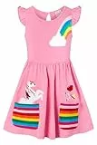 SFreeBo Einhorn Kleid Mädchen Sommerkleid Kinder Rüschenärmel Bunt Taschen Gesticktes Regenbogen Kleid Mädchen 122
