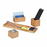 Relaxdays Schreibtisch Organizer, Büro Set 4-teilig, Stiftehalter, Ablage, Briefhalter, Utensilien Schale, Bambus, Natur