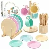 GAGAKU Holzspielzeug Kinderküche Geschirr Set - 27-teiliges Kinder Teeservice aus Holz mit Aufbewahrungsständer, Montessori-Spielzeug für Kinder 3-5 Jahre, Lernspielzeug für Rollenspiele
