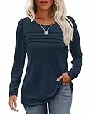 WNEEDU Damen Langarmshirt Rundhals Lässige Lose Pullover Damen Trendy Falten Sweatshirt Herbst Winter Puli Oberteile Bluse Tunika Tops Marineblau 2XL