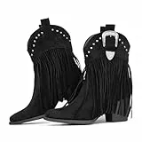 Hawkwell Damen-Cowboystiefel mit Fransen, Snip Toe, zum Überziehen, Western-Stiefeletten, Wildleder, Schwarz, EU 38