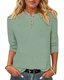 WNEEDU T-Shirt Damen 3/4 Arm Bluse - Henley Shirt Rundhals Tshirt Leichte Pullover Lässig Tops Basic Ganzjahres Oberteile mit Knöpfe Grün L