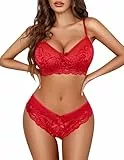 Avidlove Damen Dessous Set Sexy Spitze Unterwäsche Push up BH und Slip Sets 2-Pieces Babydoll Reizwäsche V-Ausschnitt Lingerie Rot M