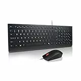 Lenovo Essential Combo Tastatur + Maus verkabelt – USB, kompaktes Layout mit Tastatur, ergonomische Maus 1600 DPI, spritzwassergeschütztes Design, Copilot-Taste – Schwarz