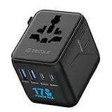 decqle Reiseadapter Weltweit, Universal Reisestecker mit 2 USB-C, 2 USB-A und 1 AC Steckdose, Internationaler Steckdosenadapter, AC Adapter Universaladapter für EU, UK, US, AU (Schwarz)