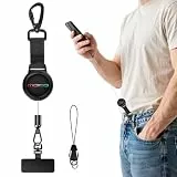 MoKo Einziehbares Handy-Sicherungsband, Einziehbarer Umhängeband mit Diebstahlschutz und Metallhaken und 360°-Metallhalterung, Handy-Umhängeband für Outdoor, Wandern, Klettern, Angeln, Schwarz&Bunt