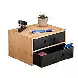 Relaxdays Schreibtisch Organizer, 2 Schubladen, Bambus & MDF, Schreibtischbutler Büro, HBT: 15x25x20 cm, Natur/schwarz