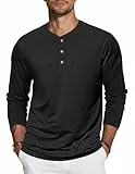 TARAINYA Henley Shirt Herren Baumwolle T-Shirt Langarm Einfarbig mit 3 Knopfleiste Schwarz L