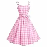 IBTOM CASTLE Petticoat Kleid: Rockabilly Kleider Damen, 50er Jahre Outfit Kleid mit Karomuster Spaghettiträger Cocktailkleid kariert Hochzeits- und Partykleid Strickkleider Abendkleid Rosa kariert L