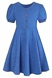 SFreeBo Mädchen Kleid Blau Kinderkleid Sommer Kurzärmel Mädchenkleid Einfacher A-Linie Siwng Kleider für Kinder 9-10 Jahre Mädchen Baumwolle Freizeit Kleid