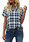 GeGekoko Damen Kariert Bluse Kurzarm Oberteile Casual Lose V-Ausschnitt Hemdbluse zum Knöpfen Summer Tunika T-Shirt Tops