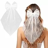 VZXQX Brautschleier Kurz, JGA Schleier Braut mit Perlen und Haarspange Weißer Elegante Tüll, Haarschleife Braut Schleier Softtüll für Junggesellenabschied Hochzeit Damen Mädchen Party Haarschmuck