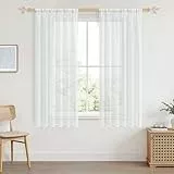 CUTEWIND Gardinen Weiß Wohnzimmer Modern Kurz mit Stangendurchzug 160X140 cm (HXB) 2er Set Leinenoptik Vorhang Weiss Halbtransparent für Wohnzimmer Schlafzimmer und Kinderzimmer