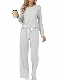 Rapbin Schlafanzug Damen Lang Pyjama Sets Rundhals Gestreift Zweiteiliger Nachtwäsche Langarm Oberteil und Schlafhose mit Taschen(Grau-weiß gestreift M)