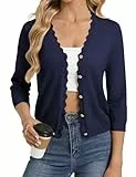 GRACE KARIN Leichte Strickjacke Damen Sommer, V-Ausschnitt 3/4 Ärmel Strickjacke Damen Elegant, Freizeit Strand Bolero Cardigan Marineblau XL