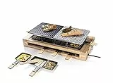 Bestron XL Raclette Grill, elektrisches Party-Raclette-Grill für bis zu 8 Personen, mit Naturgrillstein- & antihaftbeschichtete Grillplatte, inkl. großes Pfännchen-Set, 1.500 Watt, Holzdesign