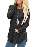 Tanmolo Damen Pullover Herbst Elegant Oberteile Langarm Strickpullover mit Knopfdetail und Kabelstruktur Leichter Arc-Saum Rundhals Pulli Dunkelgrau, XXL