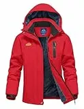 donhobo Damen Skijacke Winter Fleecejacke Wasserdichte Winddichte Warme Fleece Gefütterte Funktions Outdoor Wanderjacke Softshell Jacke mit Abnehmbarer Kapuze, Rot, XL
