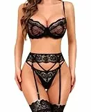 RSLOVE Dessous Sets für Damen - Unterwäsche Frauen Sexy Set BH Set Damen Sexy Strapsen Dessous Set 3 Pieces Schwarz L