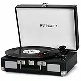 Vinyl-Plattenspieler 3-Gang Bluetooth tragbarer Koffer-Plattenspieler mit Riemenantrieb und 2 integrierten Stereolautsprechern Vinyl Vintage-Schallplattenspieler mit RCA-Line-Out, AUX-Out (Schwarz)