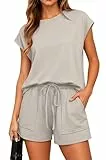 Timuspo Zweiteiler Damen Sommer Elegant Praktische Set Hose und Oberteil Freizeit Jogginganzug Trendige Workout Sportanzug mit Taschen Khaki S