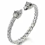 JewelryWe Schmuck Herren Armband Edelstahl Gegenüber Wolf Wolfskopf geflochten Draht Kabel Wikinger Biker Offen Armreif Armspange Silber