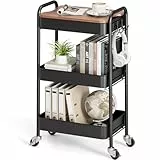 KINGRACK Rollwagen mit 3 Ebenen, Metallwagen mit abnehmbarem Holztablett, Aufbewahrung, Kunstwagen, Trolley, Organizer, Servierwagen, einfache Montage