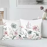Bonhause 2er Set Kissenbezüge Blumen Aquarell 45 x 45 cm Frühling Grau Rosa Blume Dekorative Kissenhülle Zierkissenbezüge für Sofa Schlafzimmer Zuhause Garten Terrasse Dekoration