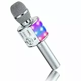 BONAOK Kabelloses Bluetooth-Mikrofon, Kindermikrofon mit LED-Lichtern, Mini-Karaoke-Maschine für Party/Zuhause/Geburtstag, kompatibel mit Bluetooth iOS Android (Silber)