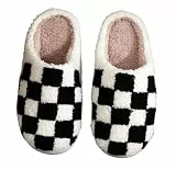 QDLTGBD Hausschuhe Herren Herren Home Baumwolle Pantoffeln Herbst Und Winter Männer Und Frauen Schachbrett Pantoffeln Gestickte Plüsch Pantoffeln-black-44 45eu