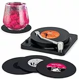 Untersetzer Gläser, Valdivia Design Retro Vinyl Schallplatte Untersetzer mit Basis und einzigartige Etiketten, Getränkeuntersetzer 6er Set mit Geschenk Box, für Bars, Cafés, Haus, Party, Büro