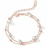 Cupimatch Damen Armband Elegant Armreifen mit Perlen Verstellbar Doppelte Kugel-Ketten Edelstahl Armkettchen, Rosegold