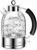 ASCOT Wasserkocher Glas, Elektrischer Wasserkocher Geschenke für Männer/Frauen/Familie 1,5L Schnellkochkessel, Trockengehschutz und automatische Abschaltung (Silber)
