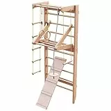 Physionics® Sprossenwand - mit Turnringen, Schaukel, Rutsche, Klimmzugstange, bis 100 kg Belastbar, Holz - Kletterwand, Turnwand, Indoor Klettergerüst für Kinder und Erwachsene, Fitness