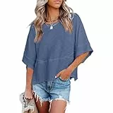 GeGekoko Damen T-Shirt Sommer Kurzarm Rundhals Shirt 1/2 Arm Fledermausärmel Oberteil Casual Lose, Marineblau, S