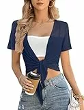 Irevial Bolero Damen Festlich Elegant Chiffon Strickjacke Kurzarm Kurz Schulterjacke Elegant Jäckchen Leicht Bolerojacke Oberteil Top S-XXL Navy blau S