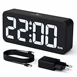 CHEREEKI Wecker Digital mit großem LED-Display, 10 Klingeltönen, Doppelalarm, Schlummerfunktion, 3 Alarmplänen, Einstellbarer Helligkeit und Lautstärke, Netzbetrieb, Adapter enthalten, Schwarz