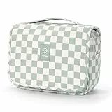 Narwey Kariert Kulturtasche Damen & Kulturbeutel Damen Herren, Kulturtasche zum Aufhängen, Kosmetiktasche Schminktasche Waschtasche für Frauen & Mädchen (Mintgrünes Schachbrett)