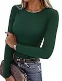 Aottori Damen Langarmshirt Rundhals Stretch Oberteile Gerippt Slim Fit Pullover Baumwolle Elegant Tee Shirts Langarm Casual Basic Top Einfarbig Grün S
