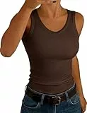 Aottori Tank Top Damen V-Ausschnitt Tanktops Sommer Gerippt Basic Shirt Ärmellos Slim Fit Stricktop Stretch Casual Einfarbig Braun L