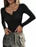 Totatuit Damen Langarmshirt mit Knopfleiste Slim Fit Oberteil mit Rundhals Rippstrick Figurbetont Basic Freizeitshirt für Herbst & Winter Schwarz L