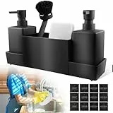 SPORWAY Seifenspender Spülmittelspender, 350ml Spülbecken Organizer mit Bürste und Spülschwamm, Spülorganizer Spülbecken Organizer mit Abtropfschale für Küchen, Bad (Schwarz)