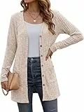 Cicy Bell Damen Lang Button Down Cardigan Elegant Langarm Strikjacke mit Tasche Open Front Sweaters Beige L