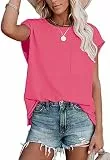 ANCAPELION Damen Kurzarm T-Shirt Sommer Casual Tops Lose Oberteile Rundhals Basic Bluse mit Tasche Pink L