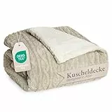 Blumtal Kuscheldecke 150x200 cm mit Zopfstrick-Optik - Oeko-TEX zertifizierte Mikrofaser Fleecedecke mit weicher Sherpa-Innenseit/Sherpa Decke flauschig 150x200 - Beige und Weiß