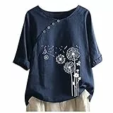KOG Damen T-Shirt Elegant Leinenhemd Kleidung Freizeit Baumwolle Tuniken Frau Blusen Große Größen Grafik Longshirt Rundhals Retro Blusen & Tuniken Marine S