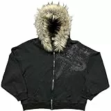 Generisch Unisex Y2K Hoodies Mit Fell Kapuze Zip Up Baumwolle Kapuzenpullover Mit Reißverschluss Hip Hop Punk Street Rock Goth Leichtes Sweatshirt